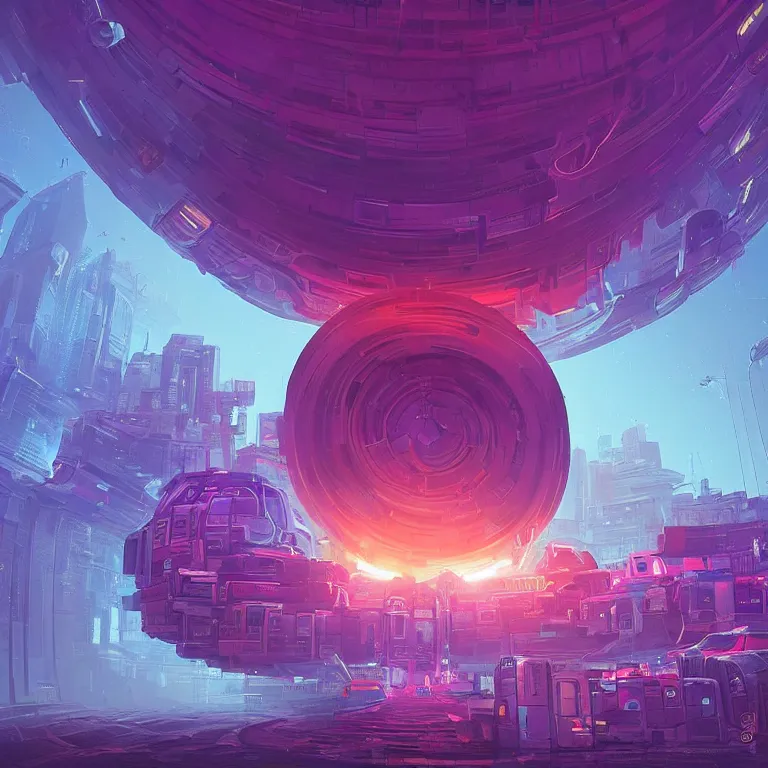 Image similar to a circle!! spiral!! portal!!! structure floating in space!!, cyberpunk, epic surrealism, indigo, purple, bright red, cyan, detailed digital matte painting in the style of simon stalenhag and painting by ralph mcquarrie