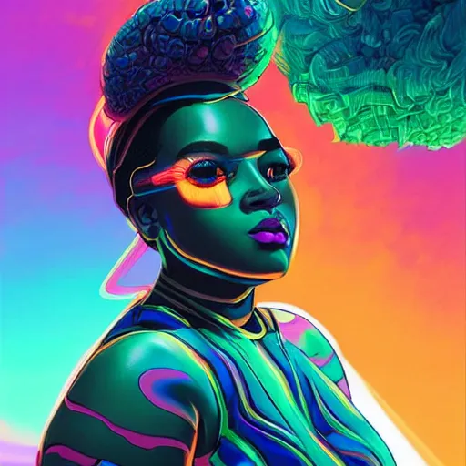 Prompt: african bbw neon queen, science fiction, highly detailed, digital painting, beautiful eyes, symmetry, concept art, sharp focus, volumetric lighting, illustration, global illumination, radiant light, synthwave colors, detailed and intricate environment, art by artgerm and greg rutkowski and magali villeneuve and ilya kuvshinov!