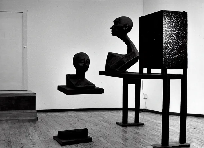 Prompt: realistic photo portrait of the a sculpture of a computer of wood, eyes made of caviar poorly designed in style of arte povera, fluxus, dadaism, joseph beuys, ugly made, low quality, nonprofessional, by man ray levitating in the wooden room 1 9 9 0, life magazine reportage photo