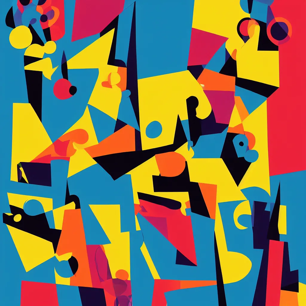 Prompt: mgbdlln jazz summer festival poster, modern digital art, minimalism, cubism