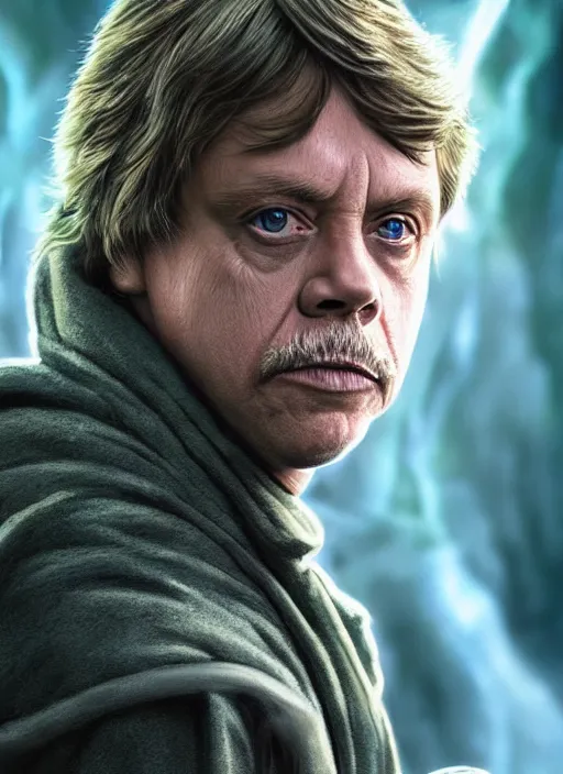 a medium shot photography of young mark hamill as luke skywalker in return  of the jedi + expressive face + science-fiction landscape)) :: beautiful  photography with highly detailed face :: intricate +