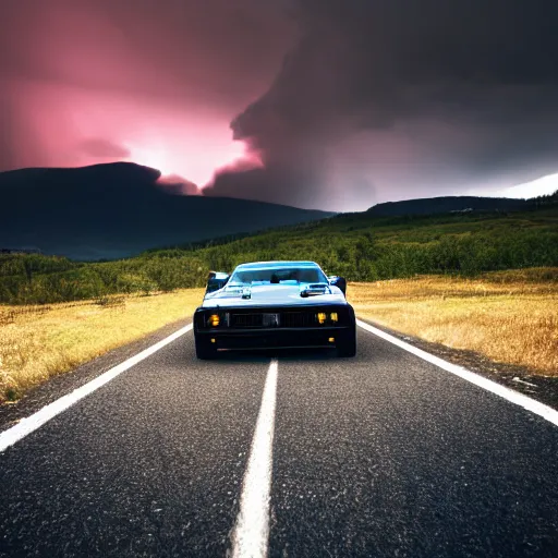 Prompt: black pontiac firebird trans - am driving towards the camera, zerglings running towards the car, norway mountains, valley, lake, dynamic, cinematic, motionblur, volumetric lighting, wide shot, low angle, red glow in sky, large lightning storm