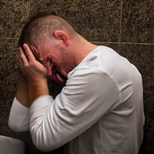 Prompt: Man crying hard because he was reincarnated as a urinal