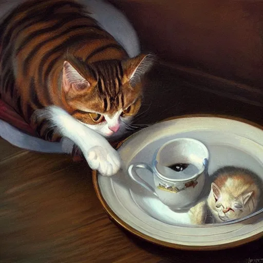 Prompt: cat drinking milk from a porcelain plate, in game pathologic 2, by jacek yerka, by levitan, oil on canvas, acrylic, digital art, royal academy, masterpiece, trending on artstation, cinematic composition, sharp, details, hyper - detailed, hd
