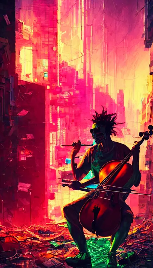 Prompt: a cellist playing in the rubble of a fallen cyberpunk city looming above him, neon color scheme, beautifully lit, concept art, sharp focus, a digital illustration by sam spratt and salvidor dali