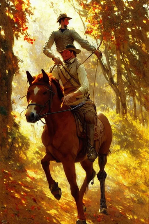 Prompt: attractive man riding a horse in the woods with falling red leaves, painting by gaston bussiere, craig mullins, j. c. leyendecker, ghibli style