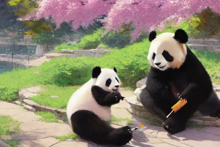 Image similar to panda chilling smoking weed, sakura trees, sakura season dynamic lighting, landscape, artwork by jeremy lipkin and giuseppe dangelico pino and michael garmash and rob rey and greg manchess and huang guangjian and makoto shinkai, pixiv, 1 0 0 mm