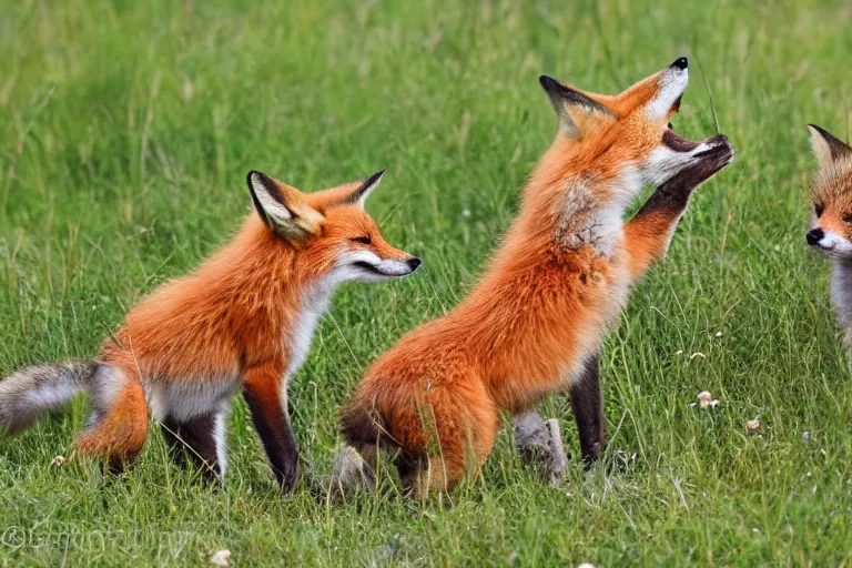 Image similar to Foxes playing in a meadow, fox pups, animal photography, close up shot