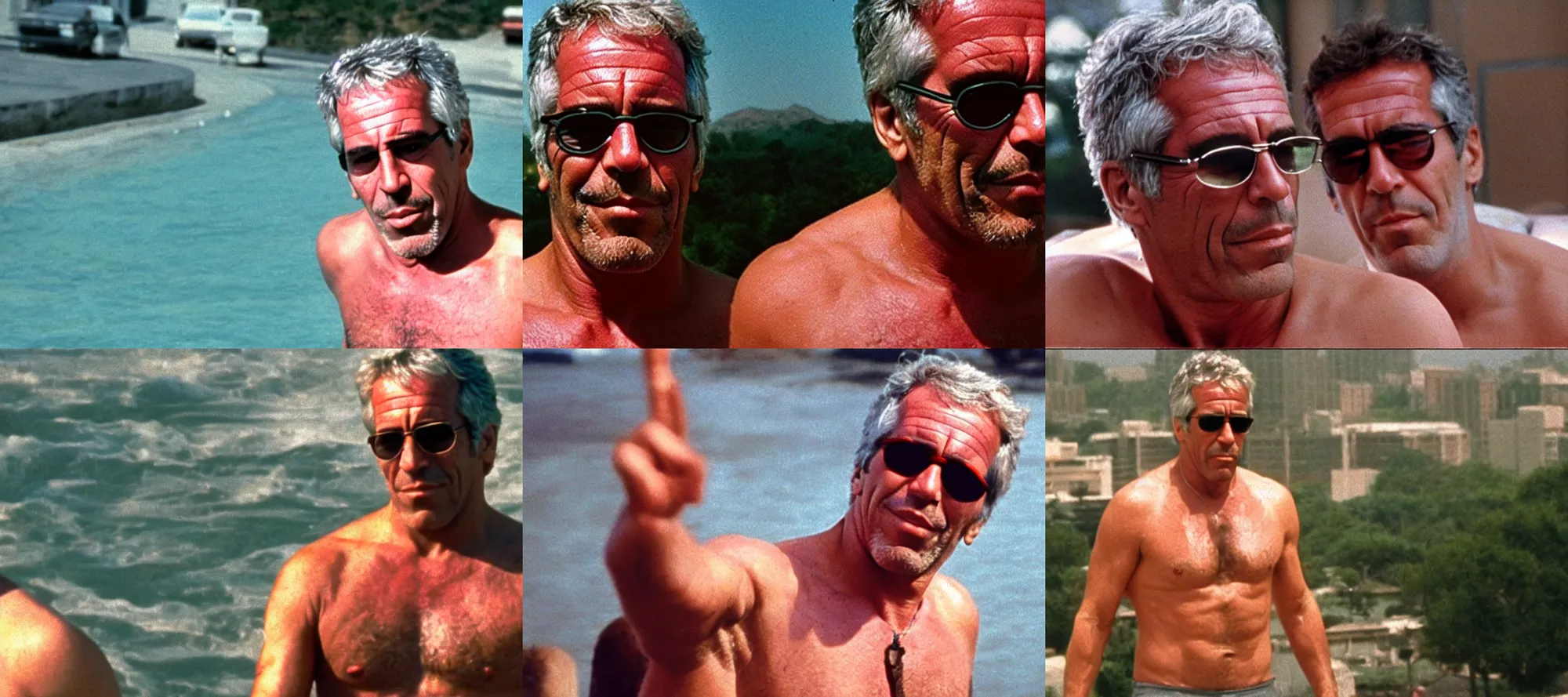 Prompt: Jeffrey Epstein shirtless wearing pink sunglasses looking in the camera from above, Bloodsport 1988, cinémascope, epic ultrawide shot