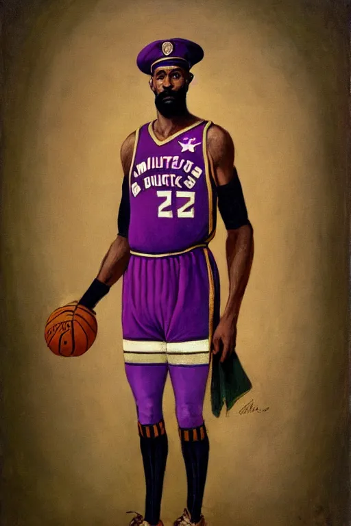 Prompt: full body portrait of the dictator of the milwaukee bucks, 1 8 8 9, in full military garb, purple, on canvas by william sidney mount, trending on artstation