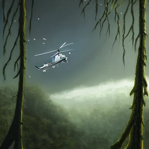 Image similar to a beautiful painting about a futuristic military helicopter landing in a misty rainforest, surrounded by mountains and snow. Featured on Artstation. angelic fluffy alien rivulet cylinder civet photon melon curd, by Evard