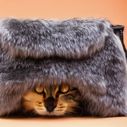 Prompt: lots of furry cats inside a big handbag, the handbag is over a wood table, stock photo, gray background, studio lighting, detailed photo, 4 k, 8 k