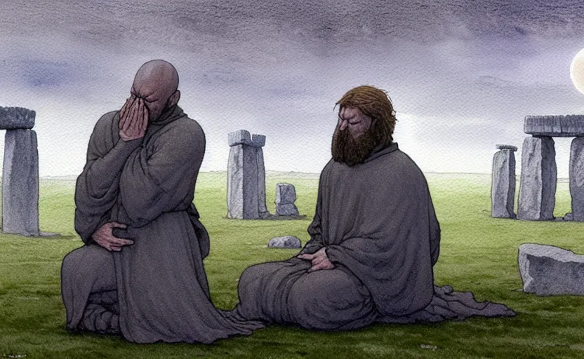 Image similar to a hyperrealist watercolour character concept art portrait of one small grey medieval monk kneeling down in prayer in front of a complete stonehenge monument on a misty night. a huge stone is floating above stonehenge. by rebecca guay, michael kaluta, charles vess and jean moebius giraud