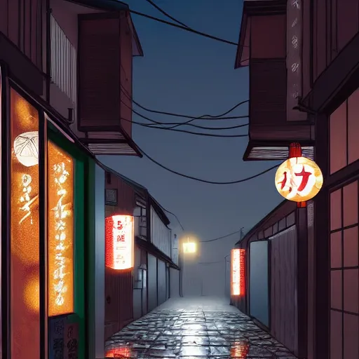 Image similar to Japanese alleyway at night, with a vending machine and powerlines hanging above. Realistic Artstation