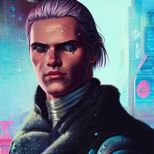 Image similar to Lofi vaporwave cyberpunk portrait of Geralt of Rivia, closeup, Tristan Eaton, Tom Bagshaw