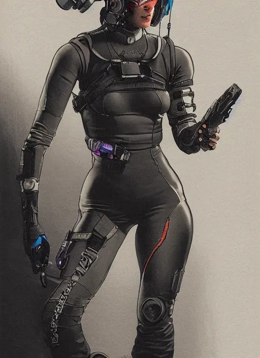 Prompt: cyberpunk athlete in tactical harness and jumpsuit. portrait by stonehouse and mœbius and will eisner and gil elvgren and pixar. realistic proportions. dystopian. cyberpunk 2 0 7 7, apex, blade runner 2 0 4 9 concept art. cel shading. attractive face. thick lines.