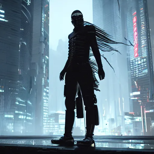 Image similar to cyberpunk samurai in a dytopian future, ultra realistic, fog, raytracing, reflections, rain, octane render