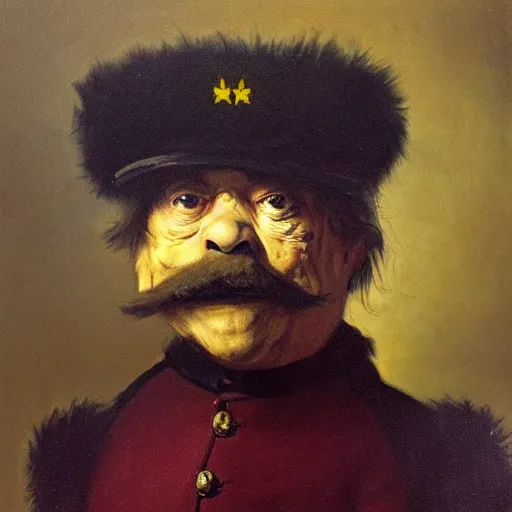 Prompt: “Oil painting by Rembrandt of Oscar the Grouch wearing a military officer’s uniform.”