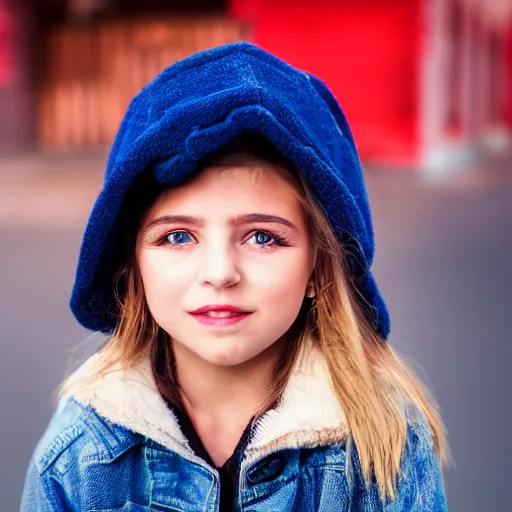 Image similar to a little portuguese girl with white - fair!!!!! skin, dirty blonde hair and blue eyes, wearing a disney land coat and blue jeans, 4 k, 8 k, photorealistic facial features