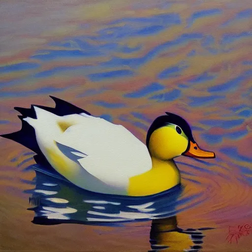 Prompt: a duck on the prowl oil painting pavlo makov