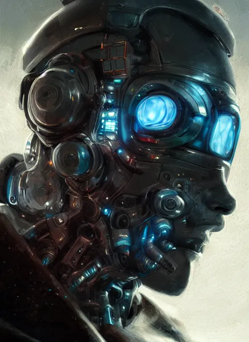 Prompt: handsome man half covered face with cybernetic enhancements as seen from a distance, scifi character portrait by greg rutkowski, esuthio, craig mullins, 1 / 4 headshot, cinematic lighting, dystopian scifi gear, gloomy, profile picture, mechanical, half robot, implants, solarpunk