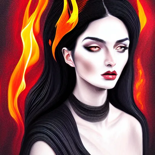 Prompt: portrait, woman with black hair called the lady of ash, elegant, illustration, fire, magic, detailed, intricate, sharp focus, digital painting