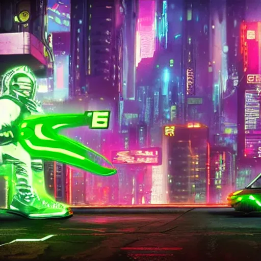 Image similar to cyberpunk super mario super realistic in neon green exoarmour in a cinematic composition