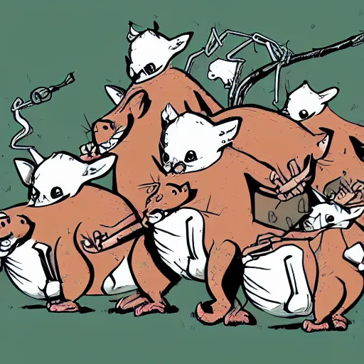 Prompt: digital cartoon illustration of a group of feral hogs by alex pardee, cartoon art, creative design