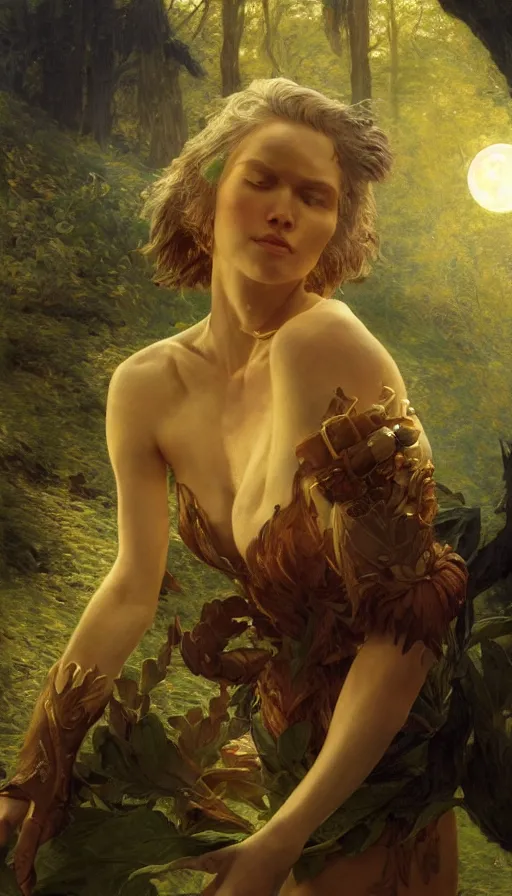 Image similar to epic masterpiece fire, sweaty skin, hyperrealistic, octane render, cinematic, night, moon, beautiful face and flawless skin, perfect hands, 5 fingers, emerald by Edgar Maxence and Ross Tran and Michael Whelan, Lorenzo Sperlonga Legends of Runeterra