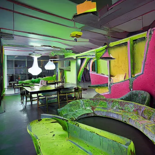 Image similar to dayglo green, taco bell opulent by nacho carbonell. a body art of a room that is wrecked, furniture overturned, belongings strewn about, & debris everywhere. the only thing left intact is a photograph on the wall shows a tidy, well - appointed space, with everything in its place.