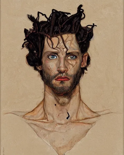 Image similar to portrait of male medusa by greg rutkowski in the style of egon schiele