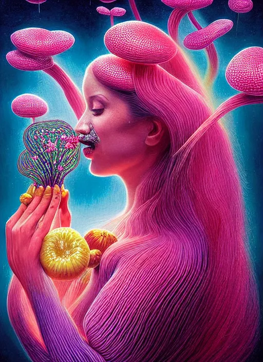 Image similar to hyper detailed 3d render like a chiariscuro Oil painting - Aurora (Singer) looking adorable and seen in dynamic pose joyfully Eating of the Strangling network of yellowcake aerochrome and milky Fruit and Her delicate Hands hold of gossamer polyp blossoms bring iridescent fungal flowers whose spores black the foolish stars to her smirking mouth by Jacek Yerka, Mariusz Lewandowski, Houdini algorithmic generative render, Abstract brush strokes, Masterpiece, Edward Hopper and James Gilleard, Zdzislaw Beksinski, Mark Ryden, Wolfgang Lettl, hints of Yayoi Kasuma, octane render, 8k