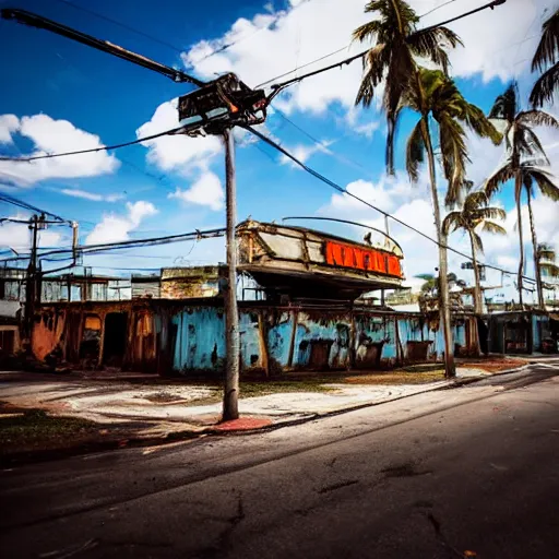 Image similar to low wide angle shot of dilapidated fallout 5 miami, tropical coastal city, desolate, dilapidated neon signs, few rusted retro futuristic vintage parked vehicles like cars, buses, trucks, trams, sunny weather, few clouds, volumetric lighting, photorealistic, daytime, spring, sharp focus, ultra detailed, 4 0 0 0 k