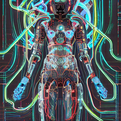 Image similar to a beautiful fighting body of a bot fighter pilot woman mostly made of wires and electronic circuits board led luminous, an ultrafine detailed illustration by james jean, final fantasy, intricate linework, bright colors, behance contest winner, vanitas, angular, altermodern, unreal engine 5 highly rendered, global illumination, radiant light, detailed and intricate environment