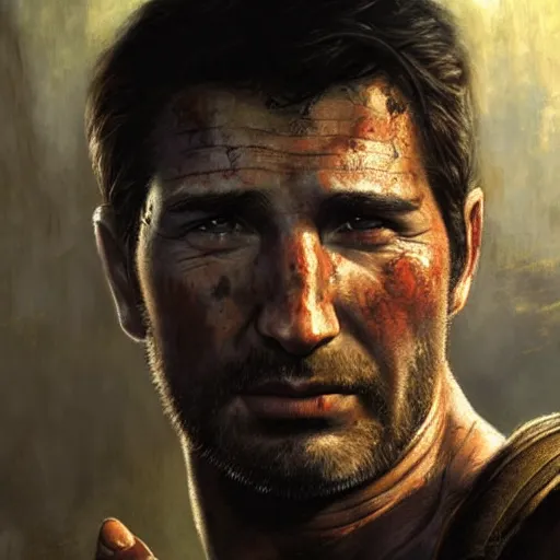Image similar to ultra realistic portrait painting of nathan drake, art by frank frazetta, 4 k, ultra realistic, highly detailed, epic lighting