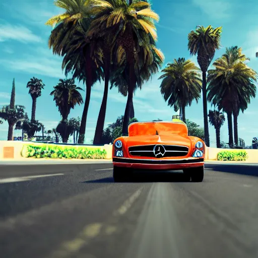 Prompt: a close up photo of a frog driving a mercedes in marrakech, palm trees, close up, octane render, unreal engine, hyperdetailed