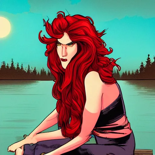 Image similar to a beautiful comic book illustration of a vampire woman with long red hair sitting near a lake at night by chip zdarsky, featured on artstation