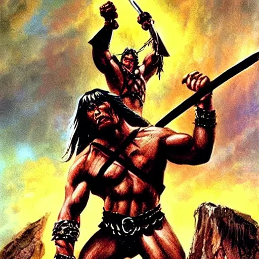 Image similar to “ conan the barbarian ” swings a “ great axe ” at a “ giant black spider, with red eyes ”. painting by ernie chan and earl norem.