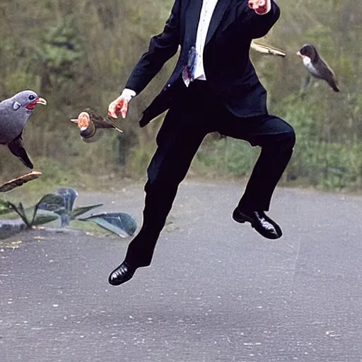 Image similar to angry mr. bean with his mouth wide open flapping his bird wings, thousands of little mr. beans are chasing him, fear panic, restlessness