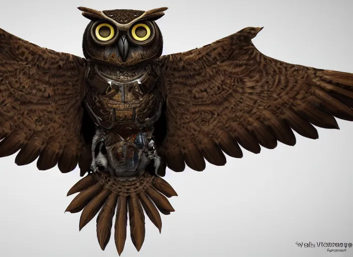 Image similar to a flying Warrior owl art nuveau, steampunk, symmetry, cinematic lighting , unreal engine,