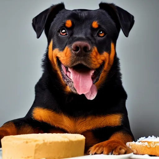 Prompt: a high - quality photo of a cute rottweiler with a half - eaten birthday cake, 4 5 mm, f 3. 5, sharpened, iso 2 0 0, raw