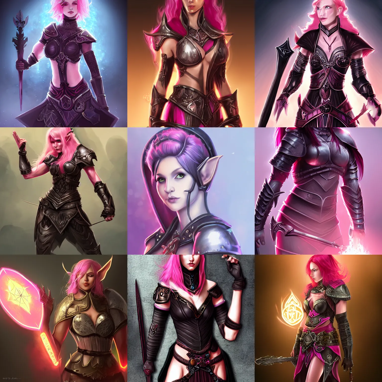 Prompt: sexy short pink haired half elf woman doing healing magic wearing black metal armor with a shield, dungeons and dragons, cleric, character art, character design, illustration, 4 k, 8 k, artstation, hyper detailed, back lighting