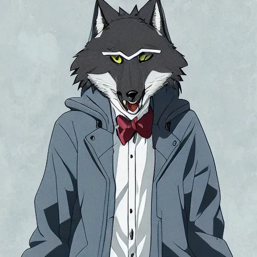 Image similar to key anime visual portrait of an anthropomorphic anthro wolf fursona, in a jacket, with handsome eyes, official modern anime art