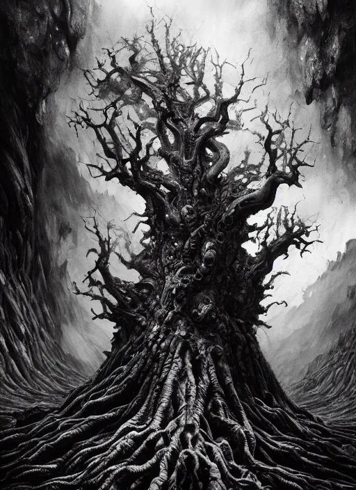 Prompt: close up portrait of a monster tree in the scary mountains of hell, oil painting by tomasz jedruszek and nicolas delort, cinematic lighting, pen and ink, intricate line, hd, 4 k, million of likes, trending on artstation