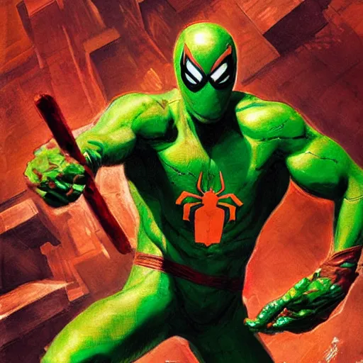 Image similar to an orange and green spiderman by ruan jia and marc silvestri