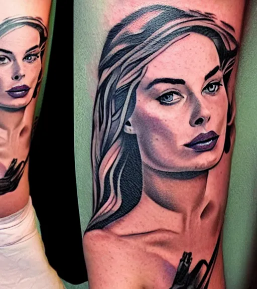 Image similar to tattoo design sketch of margot robbie with beautiful mountain scenery, mash up, double eposure effect, in the style of arlo dicristina, surrealist, amazing detail, sharp