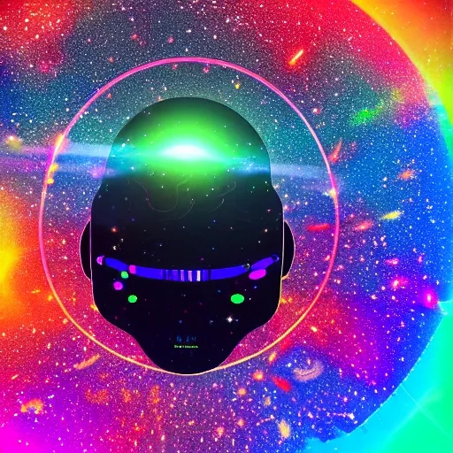 Image similar to sentient robot comprised of star dust and galaxies with a meteor belt halo, rainbow diffraction, anime, vhs distortions