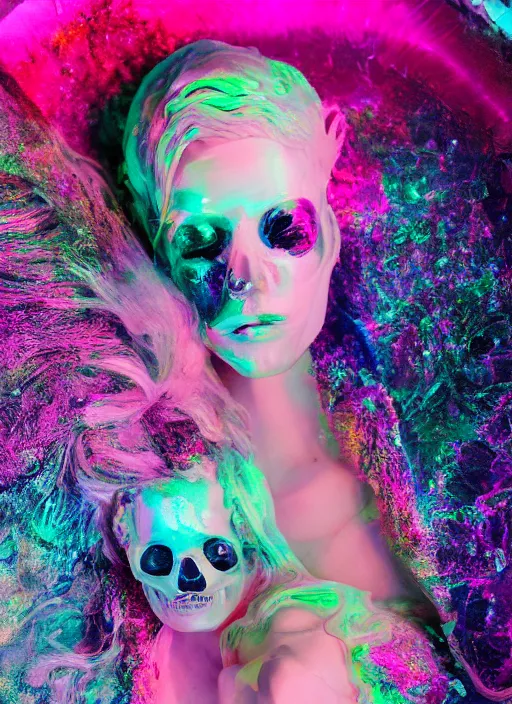 Image similar to photo of fullbodied baroque and bladerunner delicate neon diamond sculpture of seductive onyx albino marble prince kai harvatz dotado pink iridescent skull psychedelic, reclining, glowing magenta face, crown of white diamonds, cinematic lighting, photorealistic, octane render 8 k depth of field 3 d