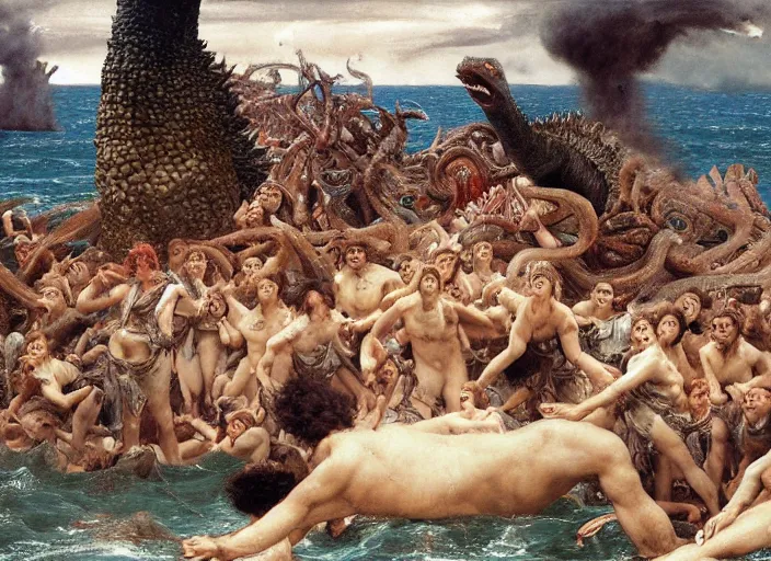 Prompt: godzilla attacking the raft of the medusa, painting by lawrance alma - tadema, 4 k, hyper - realistic, highly detailed