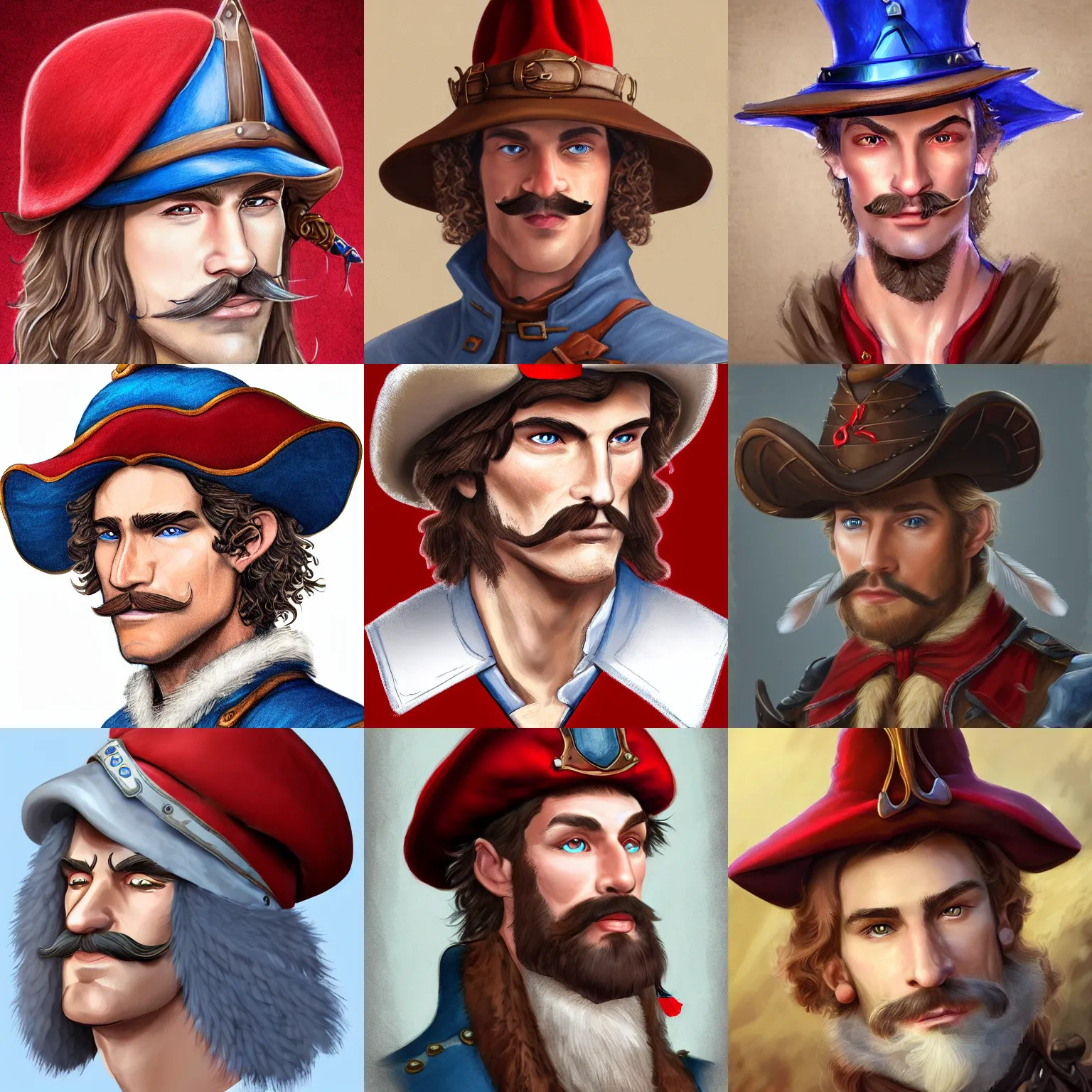 Prompt: Clean Shaven Caucasian European Man with blue eyes and brown curly mustache wearing a red musketeer hat with a single feather on it. D&D Character Head and Shoulders Portrait. EPIC RPG Digital Artwork. 4K. Detailed Drawing. MtG Artwork. Trending on Artstation.